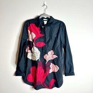 Chico's No-Iron Chic Stretch Red Floral Button-Up Long Sleeve Tunic Top Sz Large
